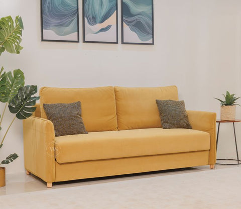 Saffra 3-Seater Sofa Cum Bed | Fold-Out Mechanism | Under-Seat Storage | Fabric Upholstery (Mustard)