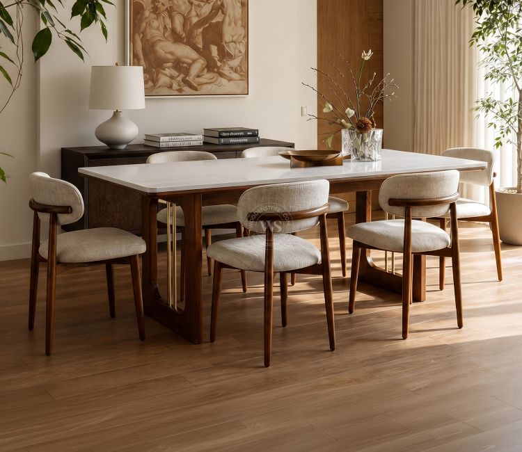 Mishaan-Rivano 6 Seater Sheesham Wood Dining Table Set with Quartz Top (Teak Finish)