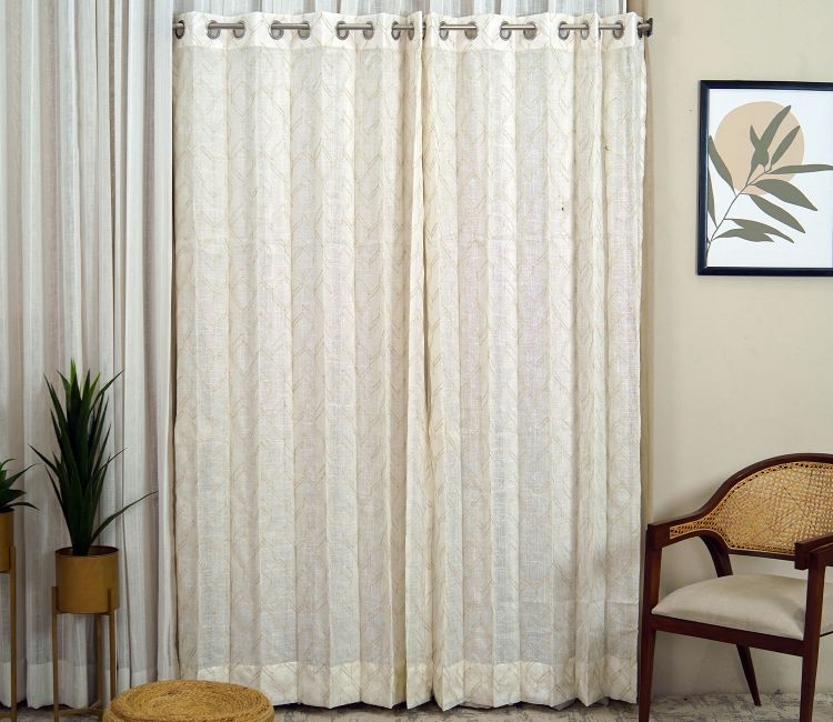 Threaded Patterned 1 Piece Sheer Curtain (Beige, 7 Feet)