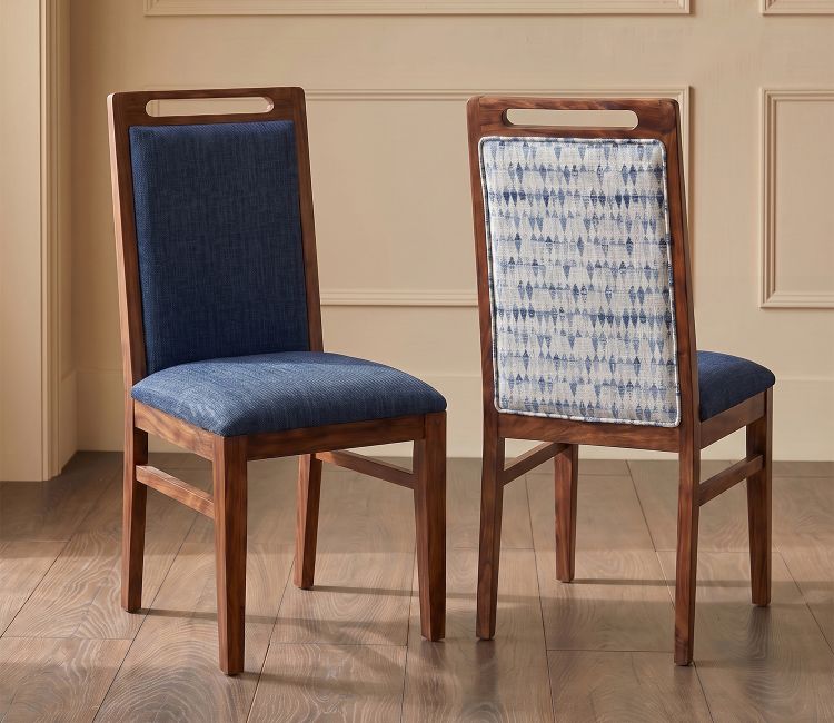 Hazel Sheesham Wood Premium Cotton Cushioned Dining Chair - Set of 2 (Cotton, Honey Iris Blue)