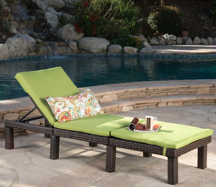 Dark Brown Adjustable Outdoor Patio Lounger With Green Cushions