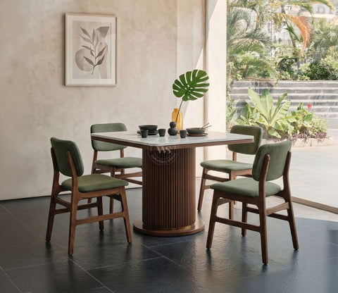 Samanvi 4 Seater Sheesham Wood Dining Table Set with Saumik Marble Top Table and Vinara Chair (Sage Green)