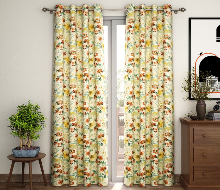 Rose Floral Print Light-Filtering Door Curtains Set of 2 (Yellow, 7 Feet)