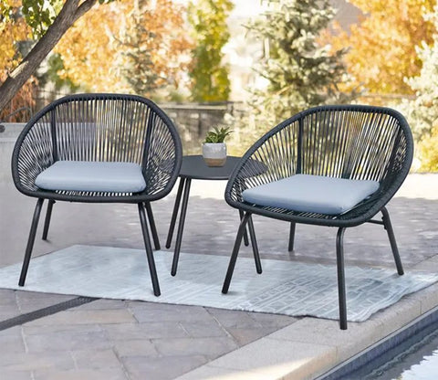 Black Rope 2 Seater Chair With Table And Grey Cushions Patio Set