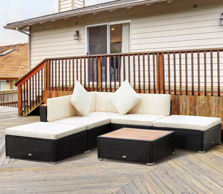 Black Rattan And Wicker 5 Seater Patio Set With Table And Cream Cushions