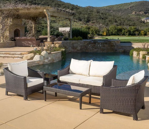 Dark Brown Rattan And Wicker 4 Seater Patio Set With Table And Cream Cushions