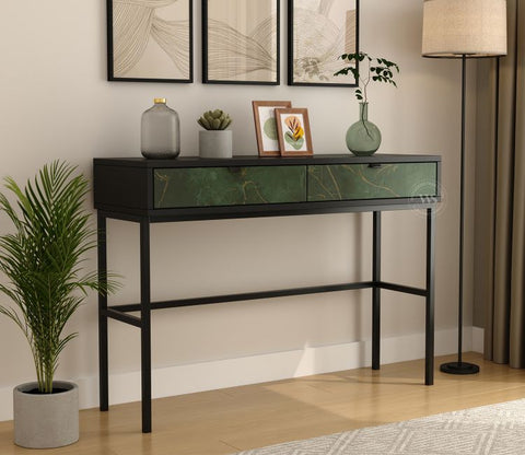 Aurean Engineered Wood Console Table With Textured Laminated MDF Drawer Front & Metal Base (Marble Green)