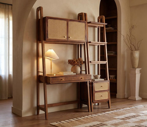 Vyas Sheesham Wood Study Table with Cane Accent, Drawers, Closed and Open Shelves (Teak Finish)