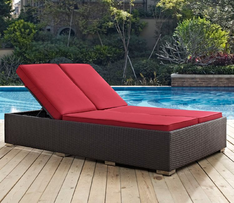Dark Brown Big Patio Lounger With Red Cushions