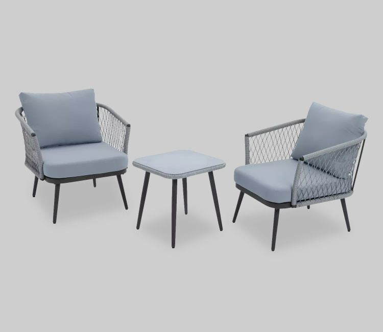 Grey Rope 2 Seater Chair Set With Table And Grey Cushions