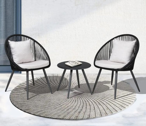 Black Rope 2 Seater Chair With Table And Off White Cushions Patio Set