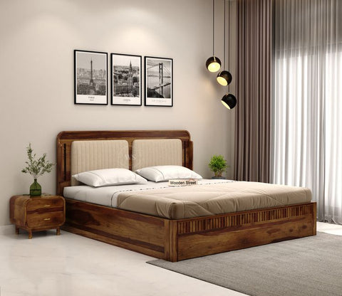 Lotus Premium Sheesham Wood Bed with Box Storage (King Size, Teak Finish)