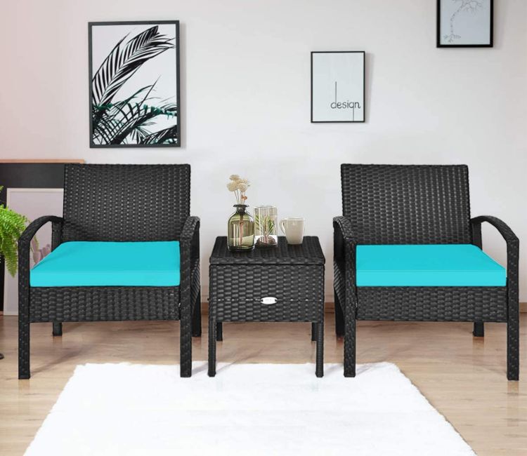 Black Rattan And Wicker 2 Seater Set With Table And Sky Blue Cushions