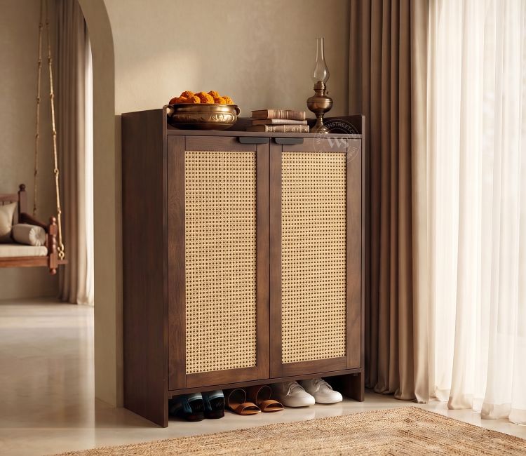 Vithiya Premium Solid Wood Shoe Rack With Cane Detailing (Mango Wood, Teak Finish)
