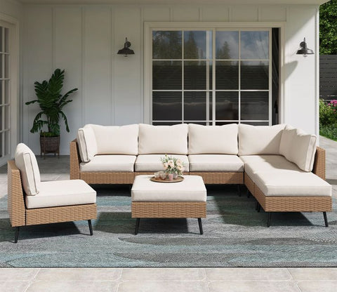 Beige Rattan And Wicker 8 Seater Patio Set With Off White Cushions