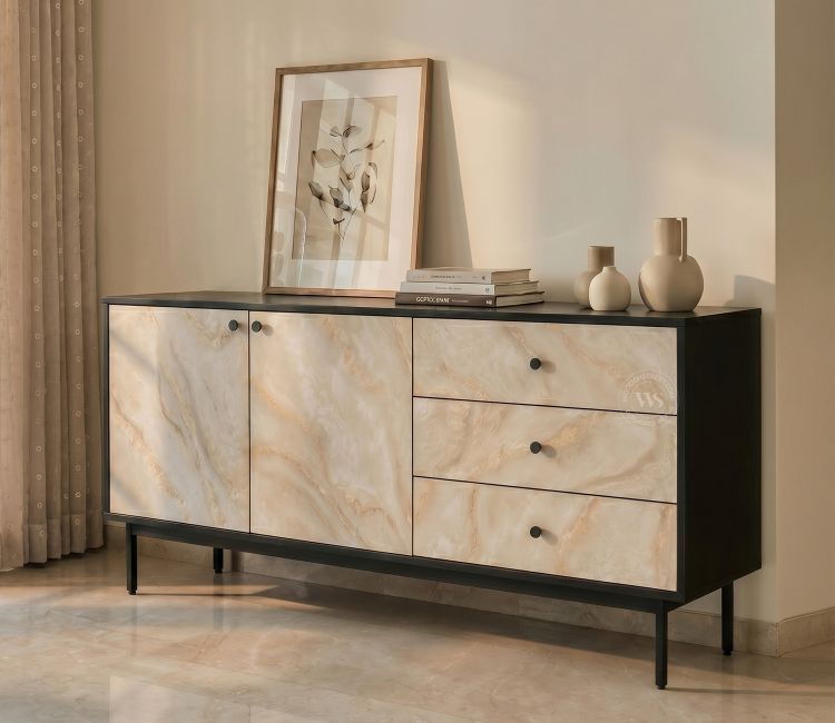 Marbay Modern Black Sideboard & Cabinet with Textured Front & Metal Base (Engineered Wood, Marble Pattern)