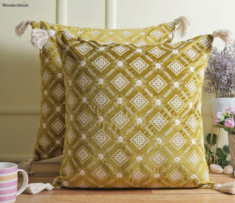 Super Soft Ethnic Design Set of 2 Embroidered Cushion Cover (Henna Green, 18 x 18 inches)