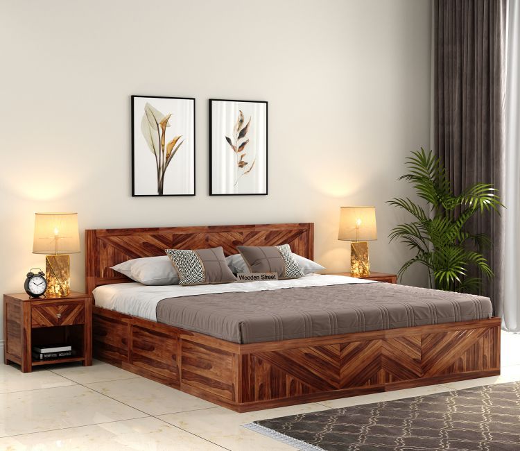 Fidora Sheesham Wood Bed With Box Storage (King Size, Honey Finish)