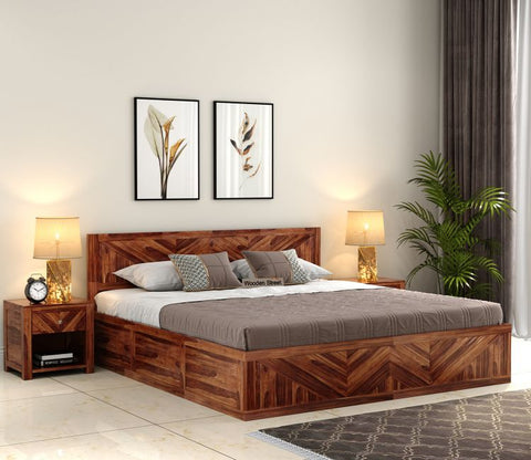 Fidora Sheesham Wood Bed With Box Storage (King Size, Honey Finish)