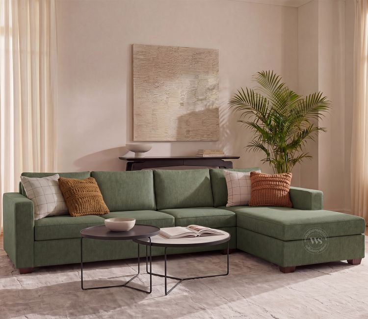 Albus L-Shape 5 Seater Right Aligned Sofa (Cotton, Sage Green)