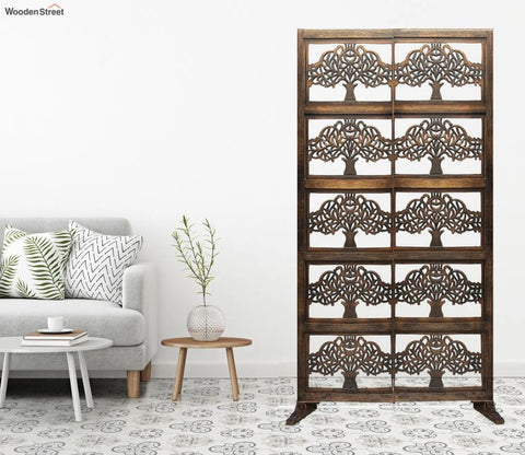 Hand Carved Wooden Room Divider Single Panel Tree Design With Stand