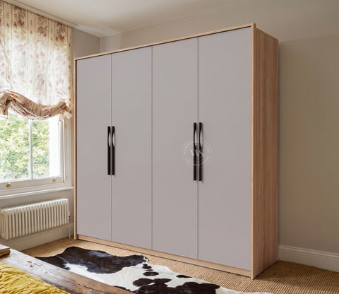 Vespera Engineered Wood Four Door Wardrobe (Gothic Grey, Classic Oak Finish)