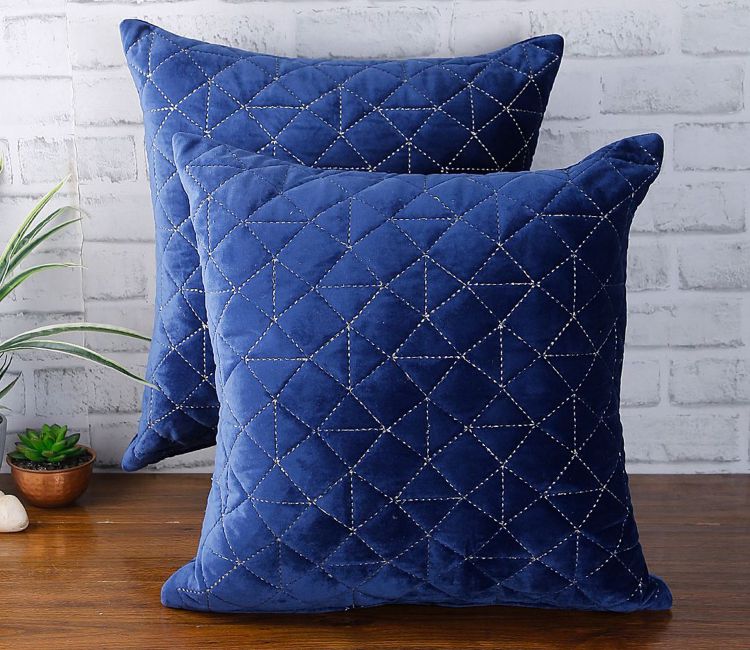 Velvet Quilted Cushion Cover - Set of 2 (Navy Blue, 18 x 18 inch)