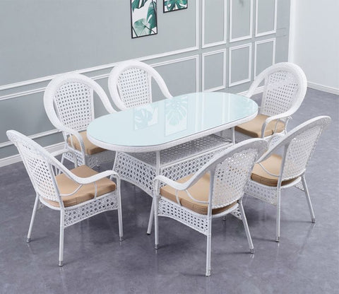 6 Seater Wicker Dining Table Set With Cream Cushions (White)