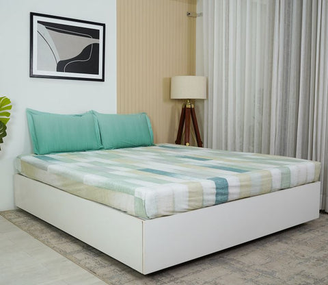 Grid Rectangular 180 TC Flat Pure Cotton King Size Bedsheet With 2 Pillow Covers (Blue)