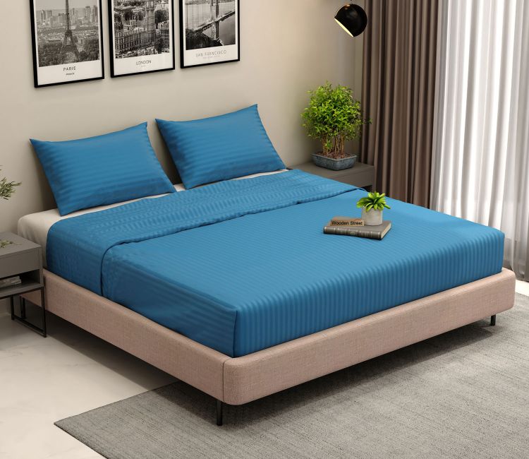 300 TC Pure Cotton Fitted King Size Bedsheet with Satin Stripe with 2 Pillow Covers (Blue)