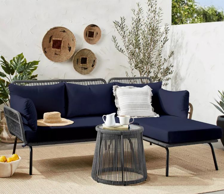 Grey Detachable L Shaped Rope Outdoor Sofa with Table and Dark Blue Cushion Set