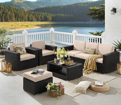 Dark Brown Rattan And Wicker Patio Set With Cream Cushions And Table