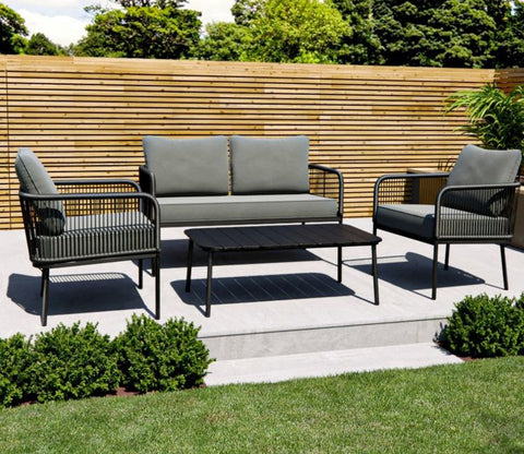 Grey Rope 4 Seater Sofa Set With Rectangle Table And Grey Cushions