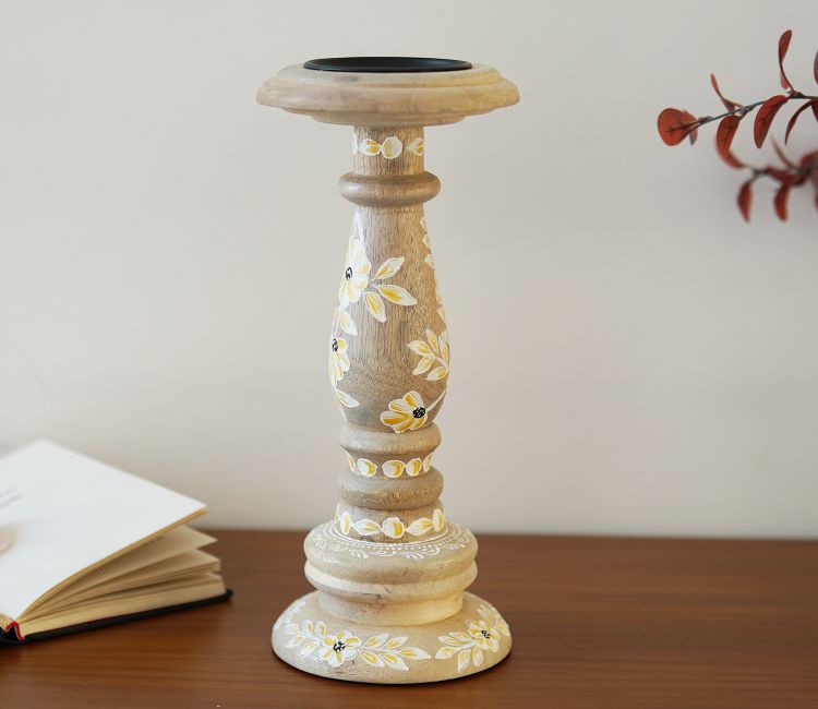 Adiva Floral Hand Painted Wooden Small Pillar Candle Stand