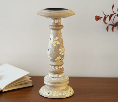 Adiva Floral Hand Painted Wooden Small Pillar Candle Stand