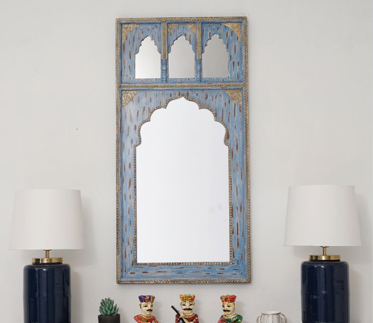 Izara Carved Mirror Frame (Distressed Blue)