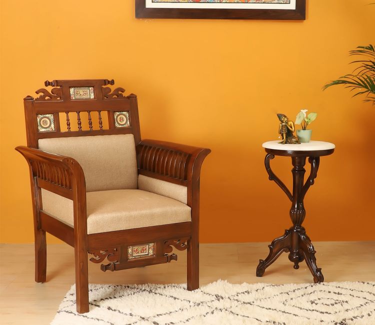 Maharaja-II Single Seater Sofa in Teakwood with Walnut Finish adorned with Dhokra Brass Frames