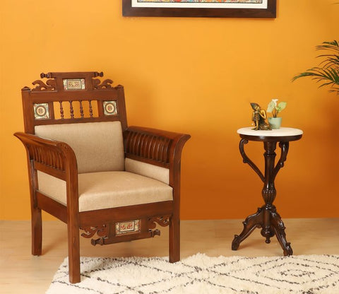 Maharaja-II Single Seater Sofa in Teakwood with Walnut Finish adorned with Dhokra Brass Frames