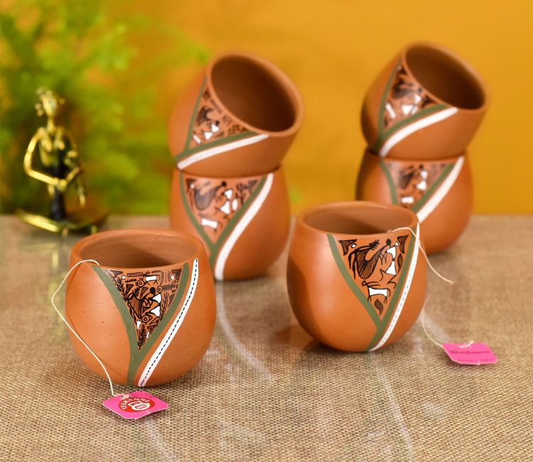 Knosh-K Painted Earthen Kullads with Tribal Motifs (Set of 6)