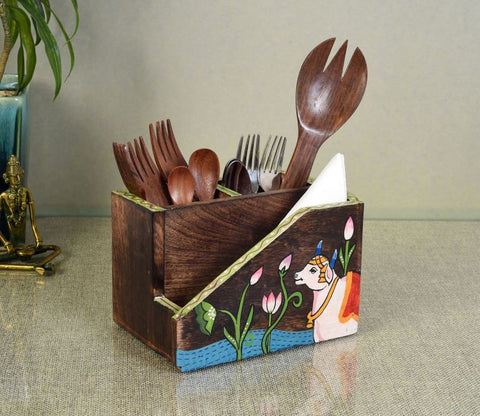 Pichhwai Dhenu Wooden Cutlery Storage Stand