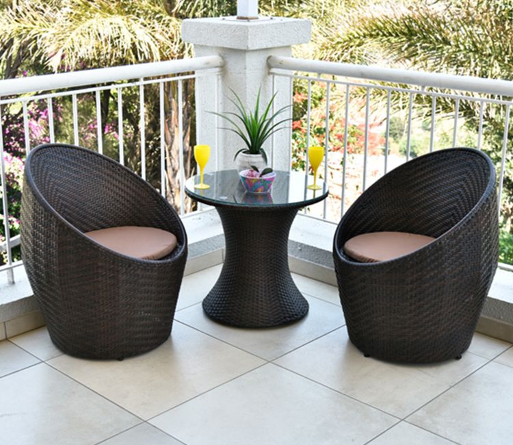 Dark Brown Rattan And Wicker 2 Seater Set With Table And Brown Cushions