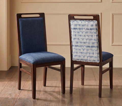 Hazel Sheesham Wood Premium Cotton Cushioned Dining Chair - Set of 2 (Cotton, Walnut Iris Blue)