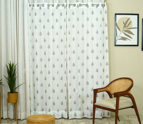 Tri Motifs Sheer Door Curtains Set of 2 (Grey, 7 Feet)