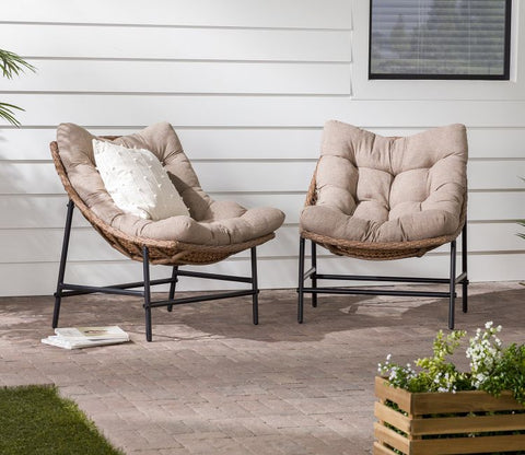 Beige Rattan And Wicker 2 Chair Set With Cream Cushion