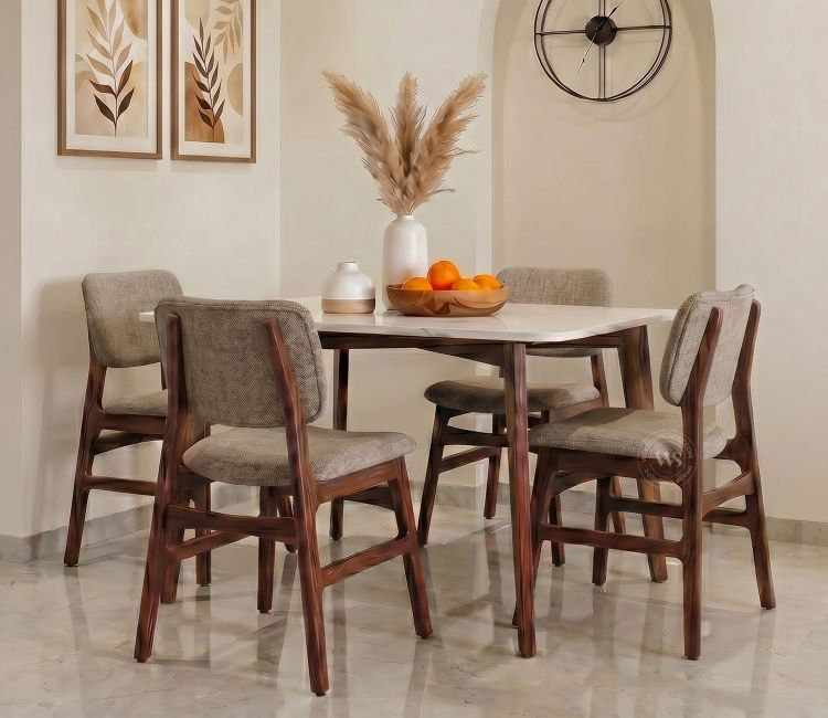 Vivara 4 Seater Dinining Set with Valence Quartz-Top Table and Vinara Upholstered Chair (Sand Brown)