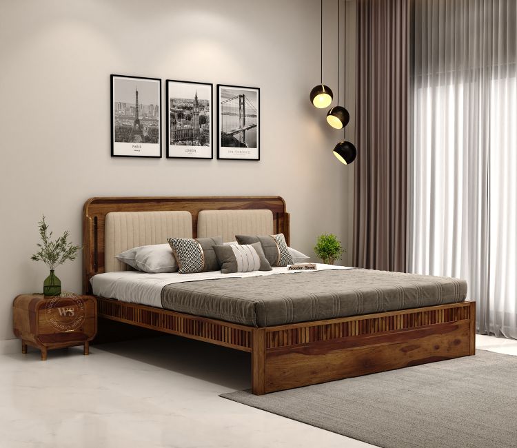 Lotus Premium Sheesham Wood Bed without Storage (King Size, Teak Finish)