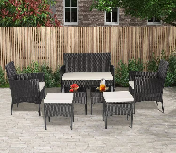 Black Rattan And Wicker 6 Seater Patio Set With Table And off White Cushions
