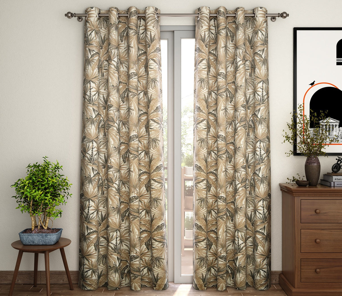 Palm Tree Light-Filtering Door Curtains Set of 2 (Grey, 7 Feet)