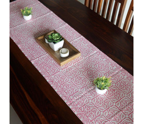 Vivid Garden Pink and White Hand Block Print Table Runner - 16 x 50