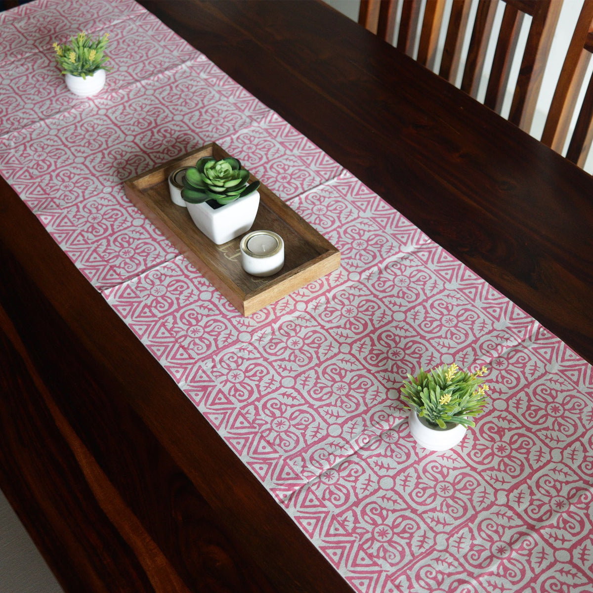 Vivid Garden Pink and White Hand Block Print Table Runner - 16 x 50